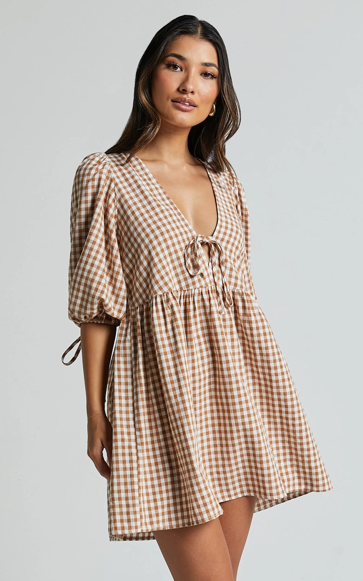Rosita Mini Dress - Tie Front Puff Sleeve Dress in Black and White Check