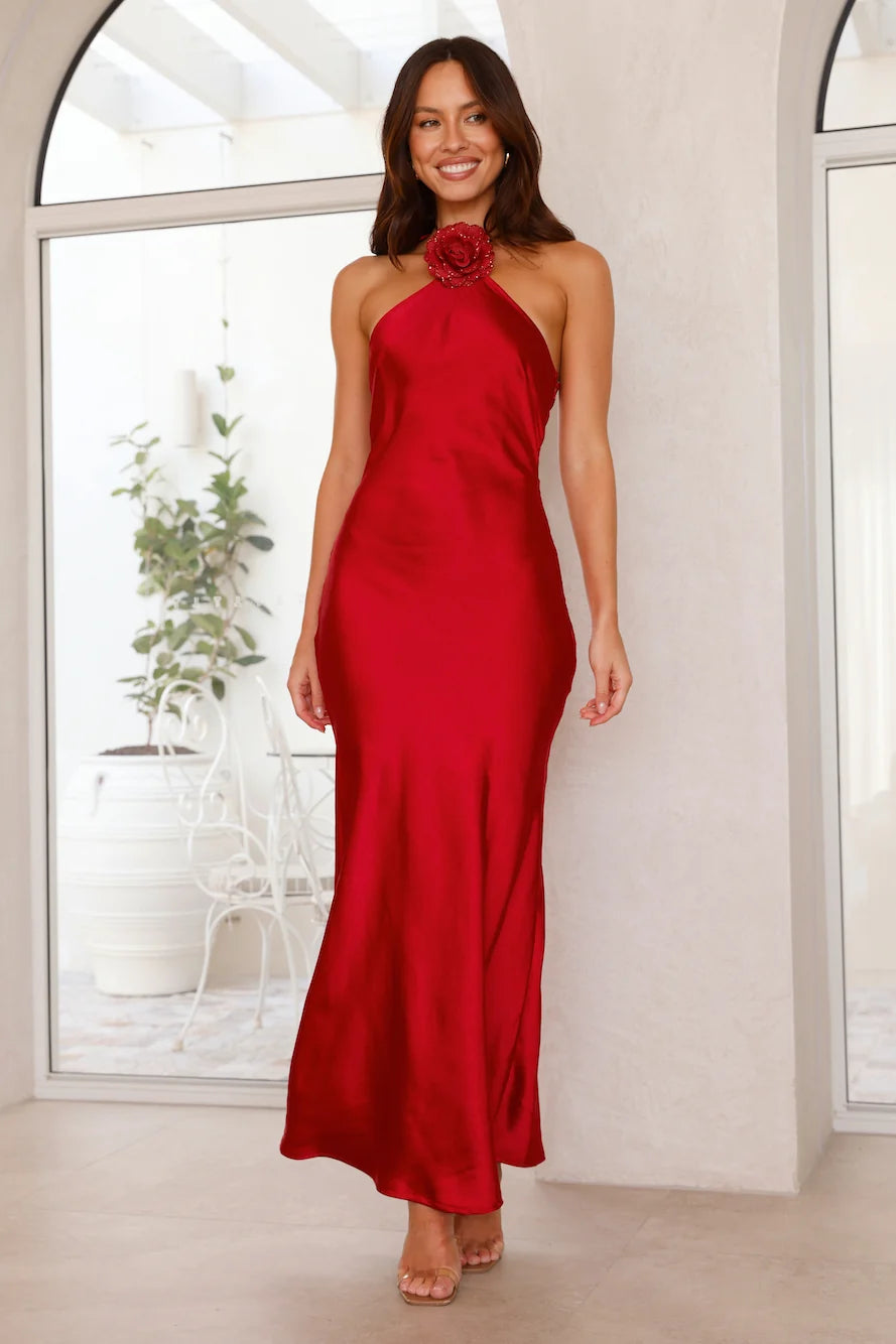 Admired By All Satin Halter Maxi Dress Blue