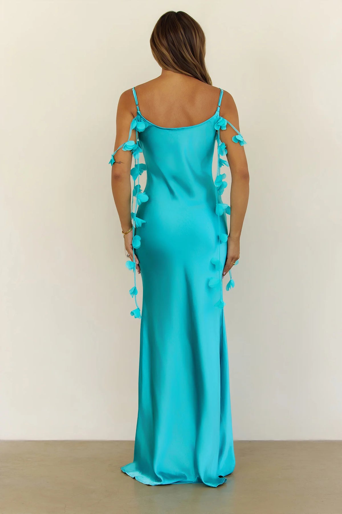 Ethereal Garden Floral Petal Satin Cowl Neck Maxi Dress Blue