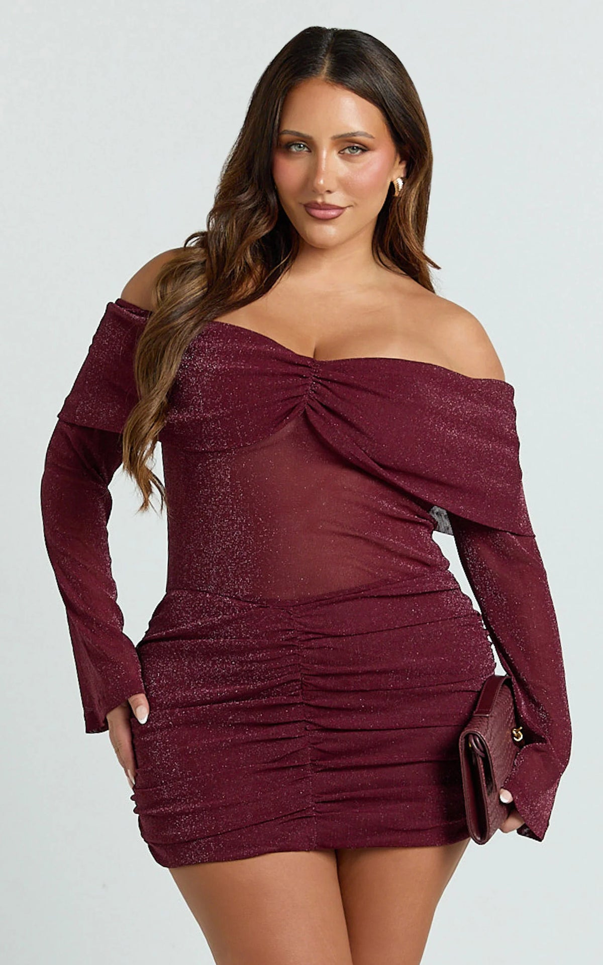 Rumi Mini Dress - Glitter Tulle Off Shoulder Ruched Dress in Black