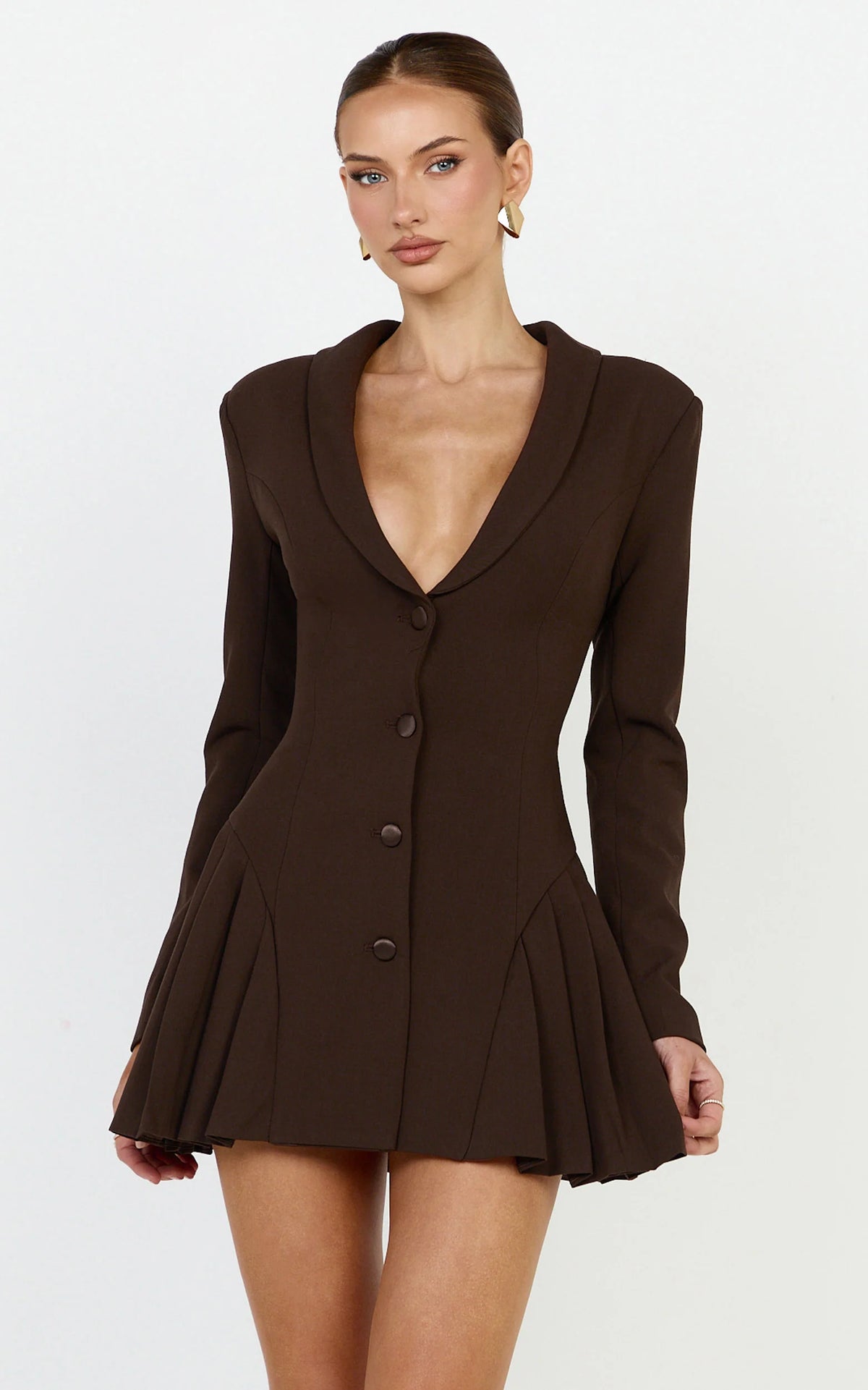 Bea Mini Dress - Collared Long Sleeve Fit And Flare Pleated Dress in Black