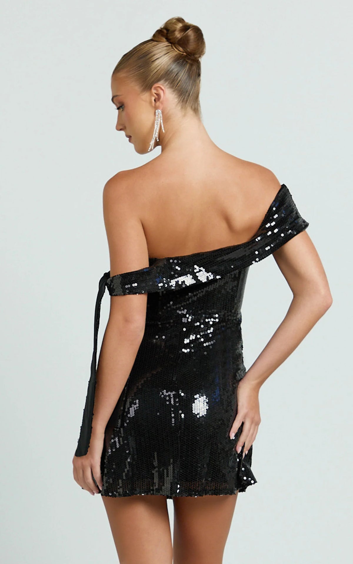 Ace Mini Dress - Sequin Off Shoulder Tie Detail Dress in Black
