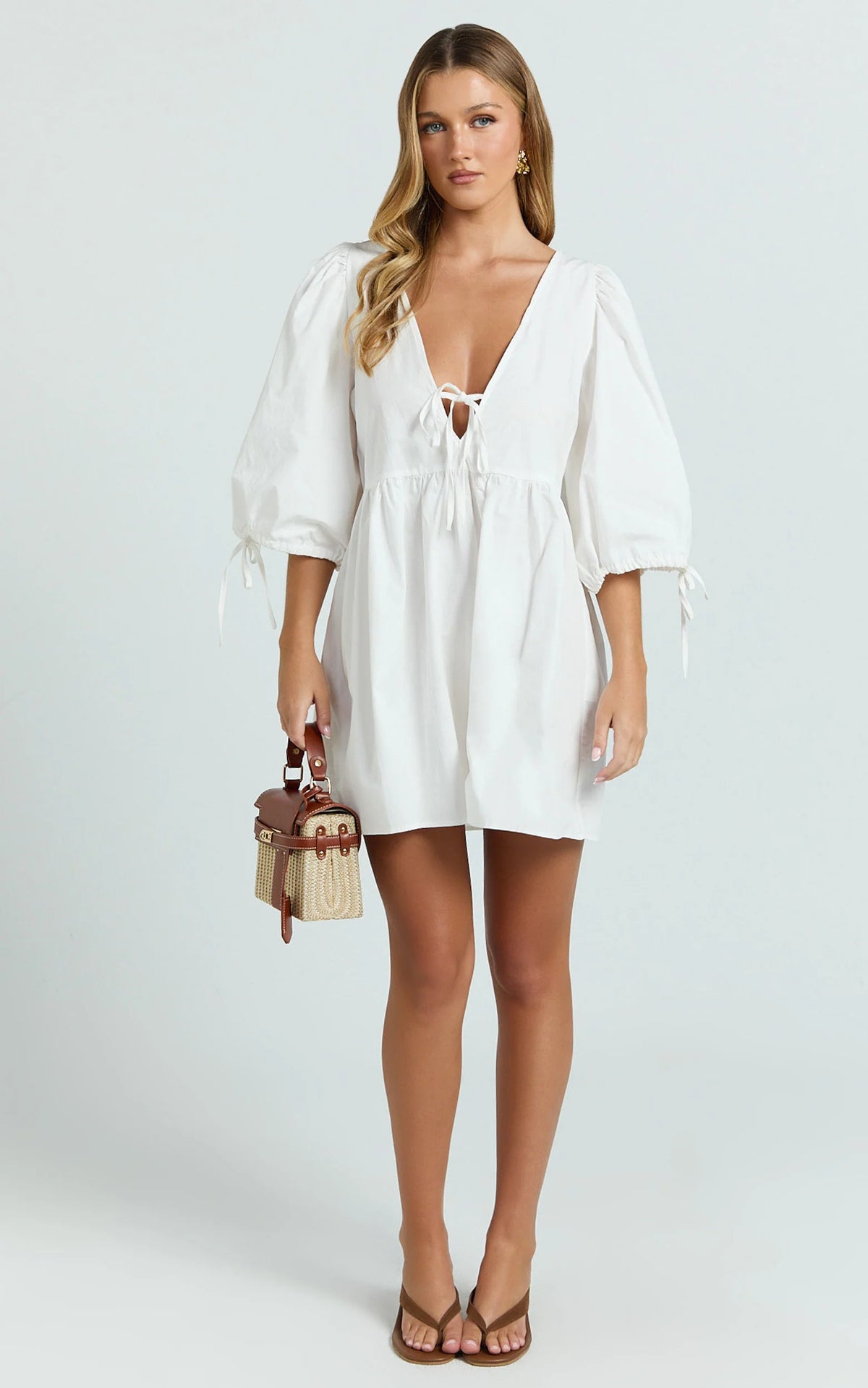 Rosita Mini Dress - Tie Front Puff Sleeve Dress in Black and White Check