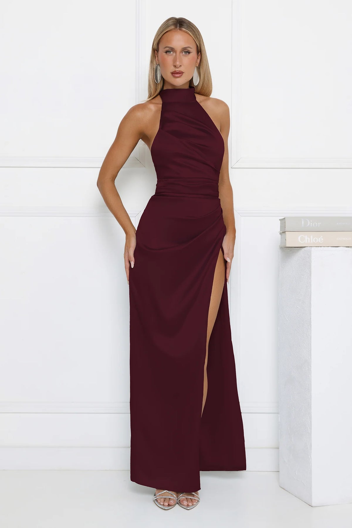 Satin Sophistication Halter Maxi Dress Chocolate