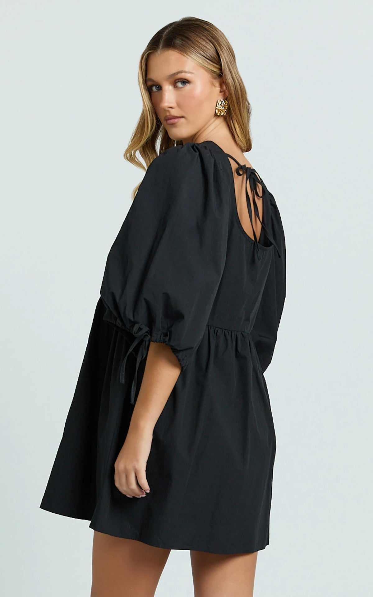 Rosita Mini Dress - Tie Front Puff Sleeve Dress in Black and White Check