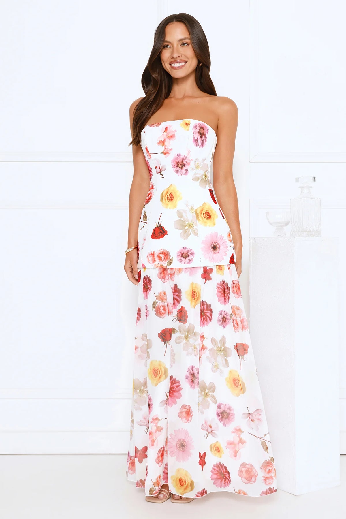 Floral Shine Strapless Maxi Dress White