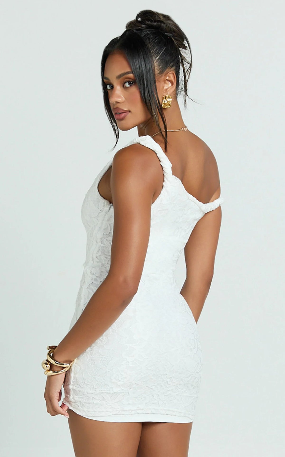 Miller Mini Dress - Lace Twist Off Shoulder Bodycon Dress in White