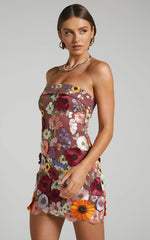 Wren Mini Dress - Strapless Bodycon Garden Flowers Dress in Burgundy