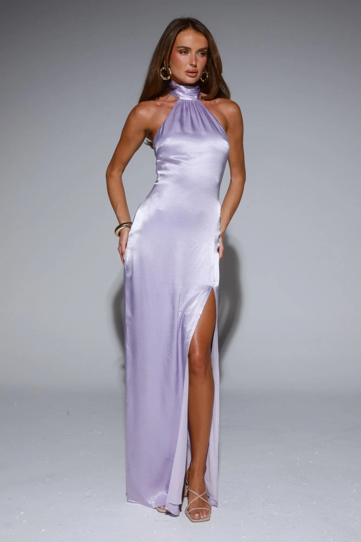 Effortless Luxe Halter Satin Maxi Dress Chocolate