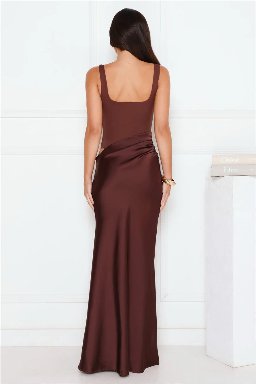 Effortlessly Yours Satin Maxi Dress Chocolate