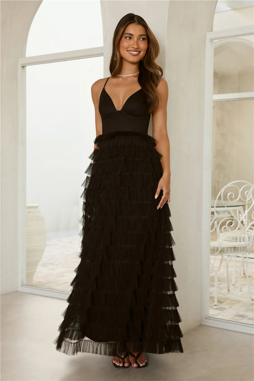 Drama Queen Tulle Tiered Maxi Dress Black