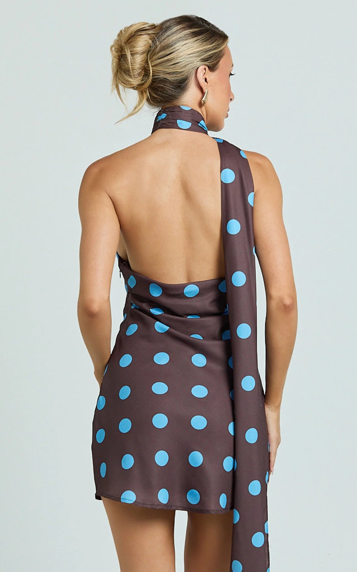 Maddox Mini Dress - Scarf Neck Low Tie Back Slip Dress in Brown