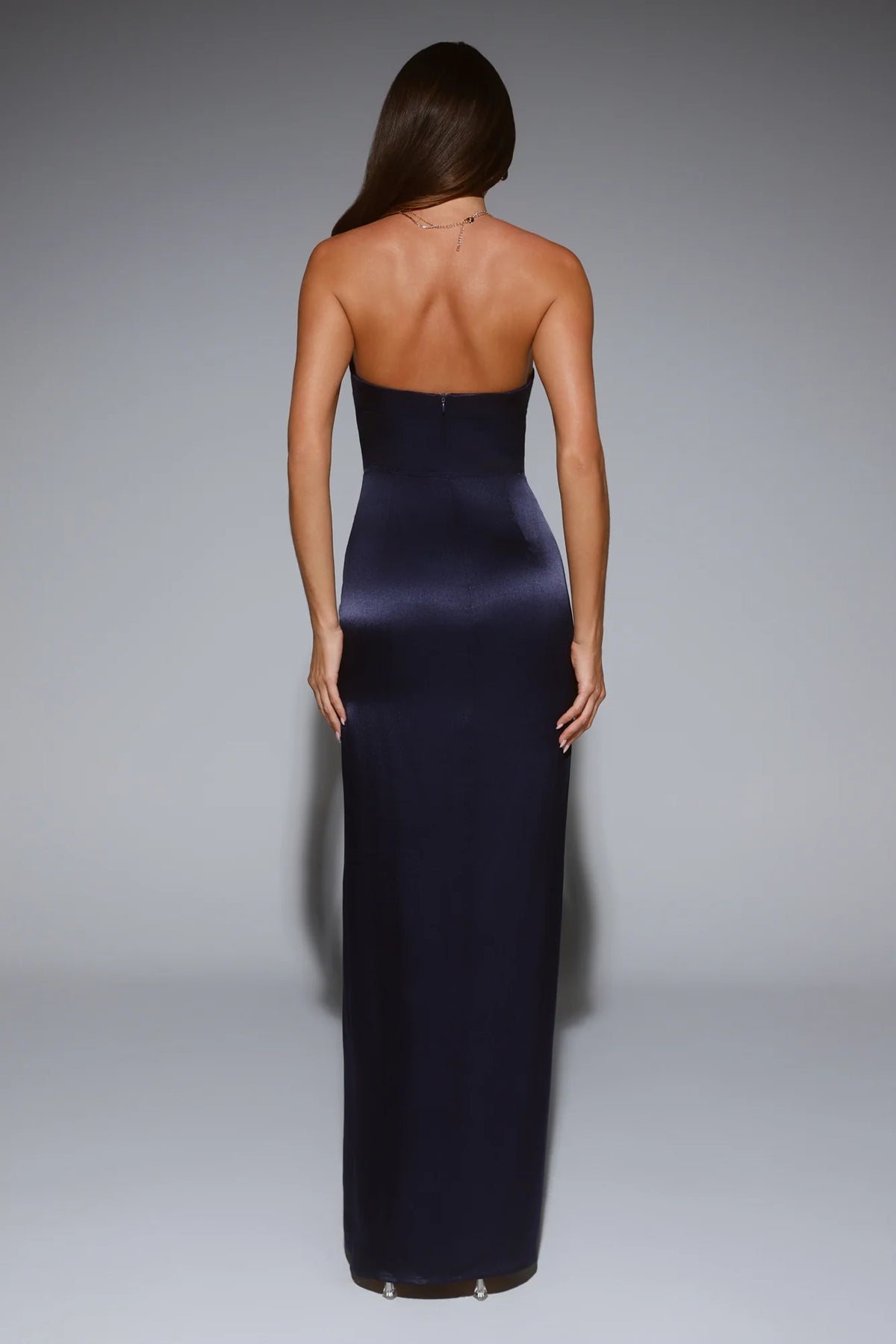 Sleek Aura Strapless Satin Maxi Dress Navy