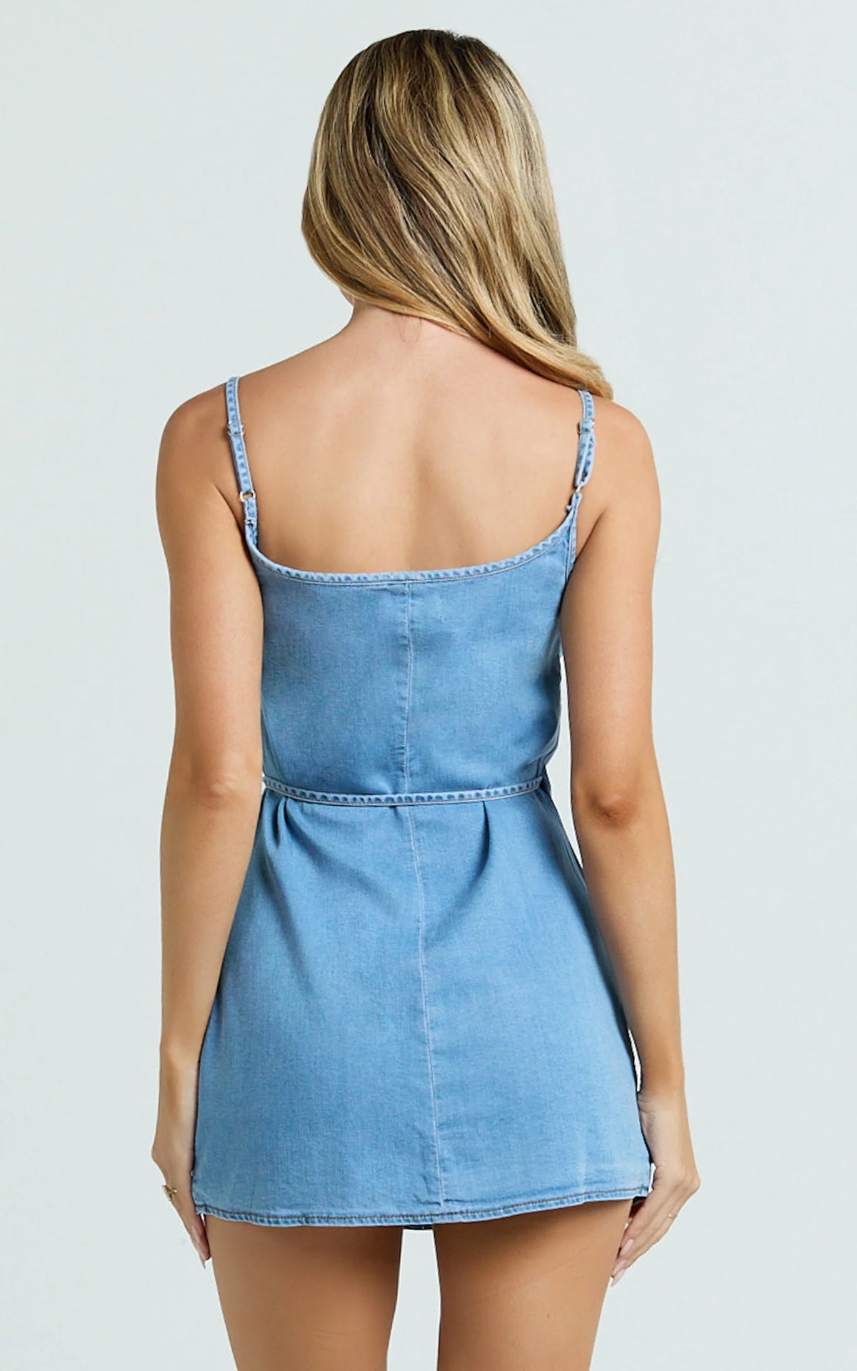 Ramira Mini Dress - Denim Halter Neck Wrap Tie Mini Dress in Raw