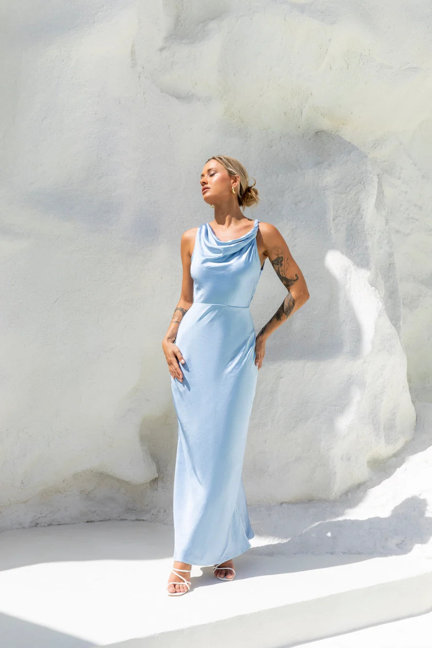 Moonlit Palms Satin Maxi Dress Champagne