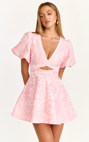 Rosalie Mini Dress - Floral Jacquard V Neck Fit and Flare Dress in Pink