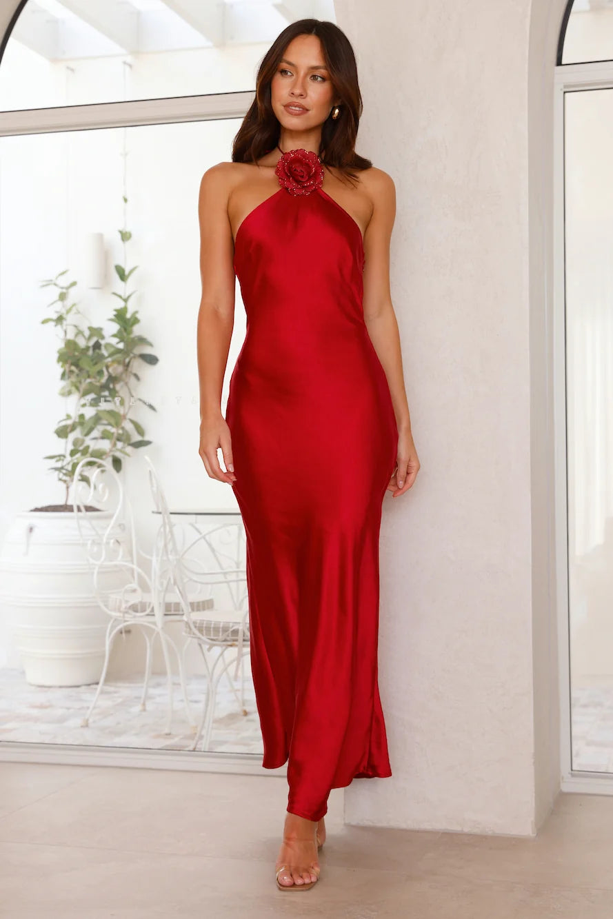 Admired By All Satin Halter Maxi Dress Blue