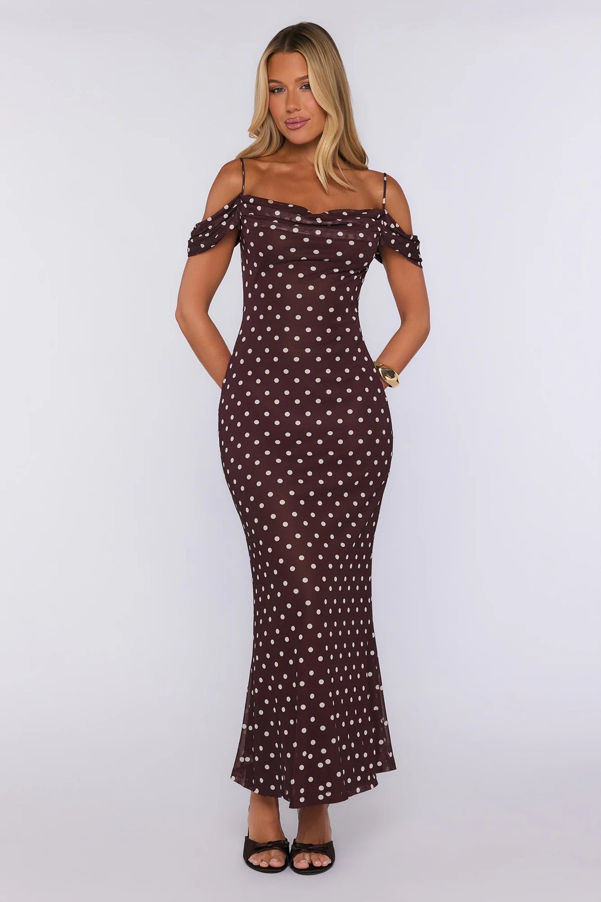 Show Up Stunning Mesh Off Shoulder Midi Dress Brown