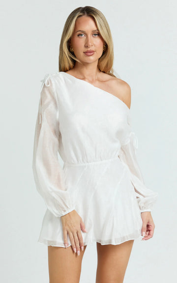 Hayes Mini Dress - Off Shoulder Bellow Top Flip Skirt Dress in White