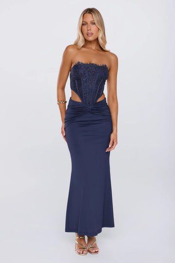 Styled Different Lace Strapless Maxi Dress Navy