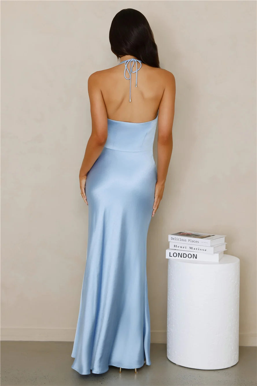 Spiced Sunset Satin Halter Maxi Dress Sage