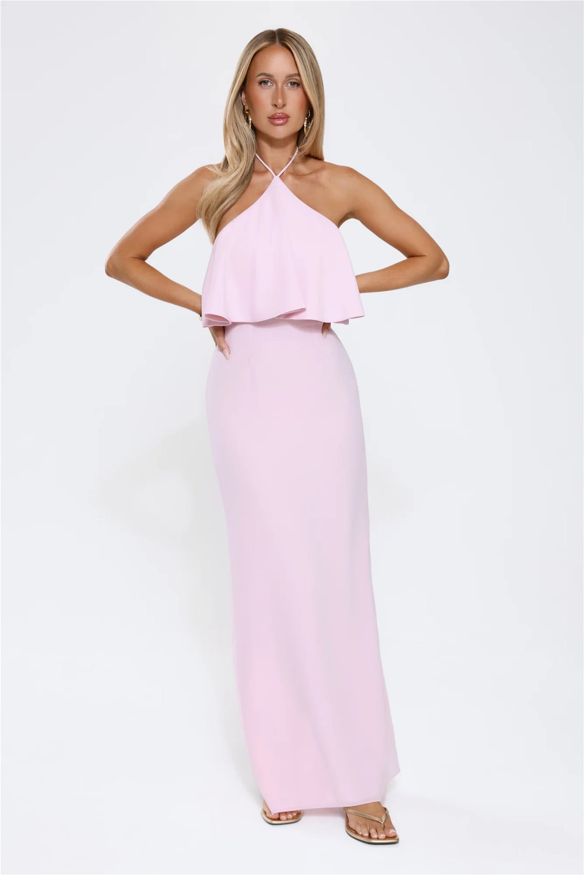 Silken Radiance Halter Maxi Dress Pink