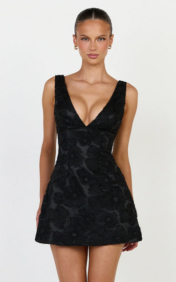 Lima Mini Dress - Plunge Neck Floral Embellished A Line Dress in Black