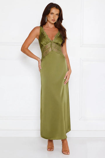 Soft Affection Satin Lace Maxi Dress Sage