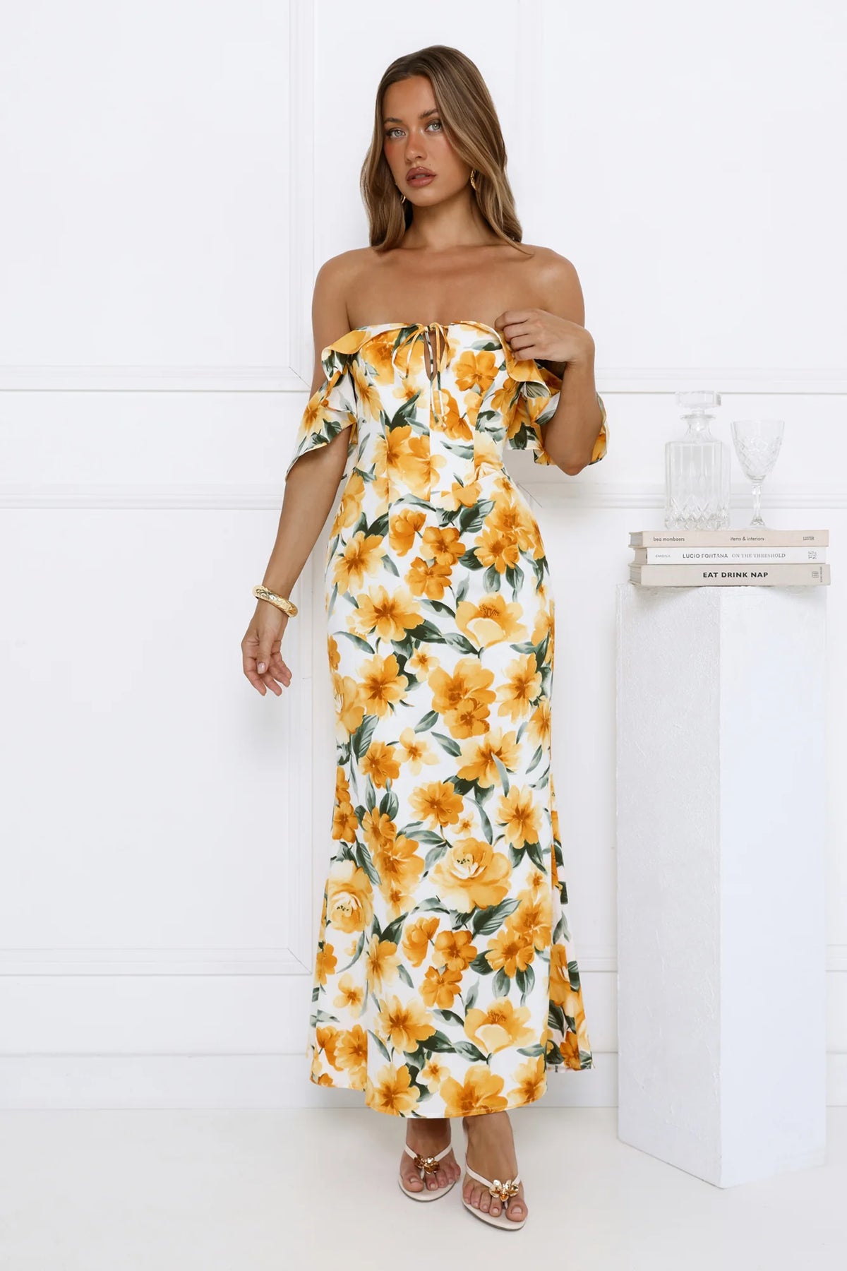 Sunflowers Off Shoulder Midi Dress Yellow
