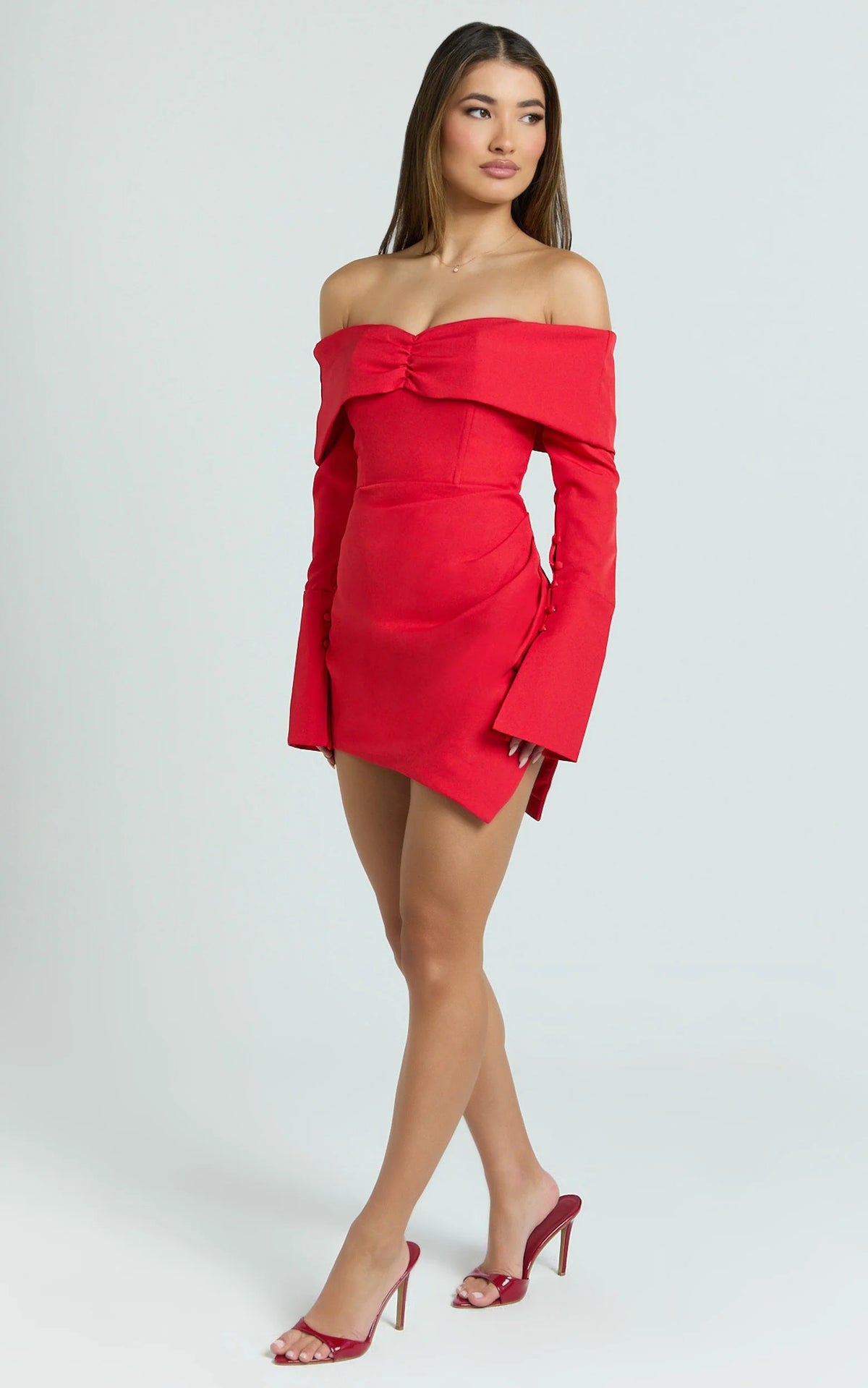 Cyrus Mini Dress - Off Shoulder Long Sleeve Fit And Flare Dress in Black