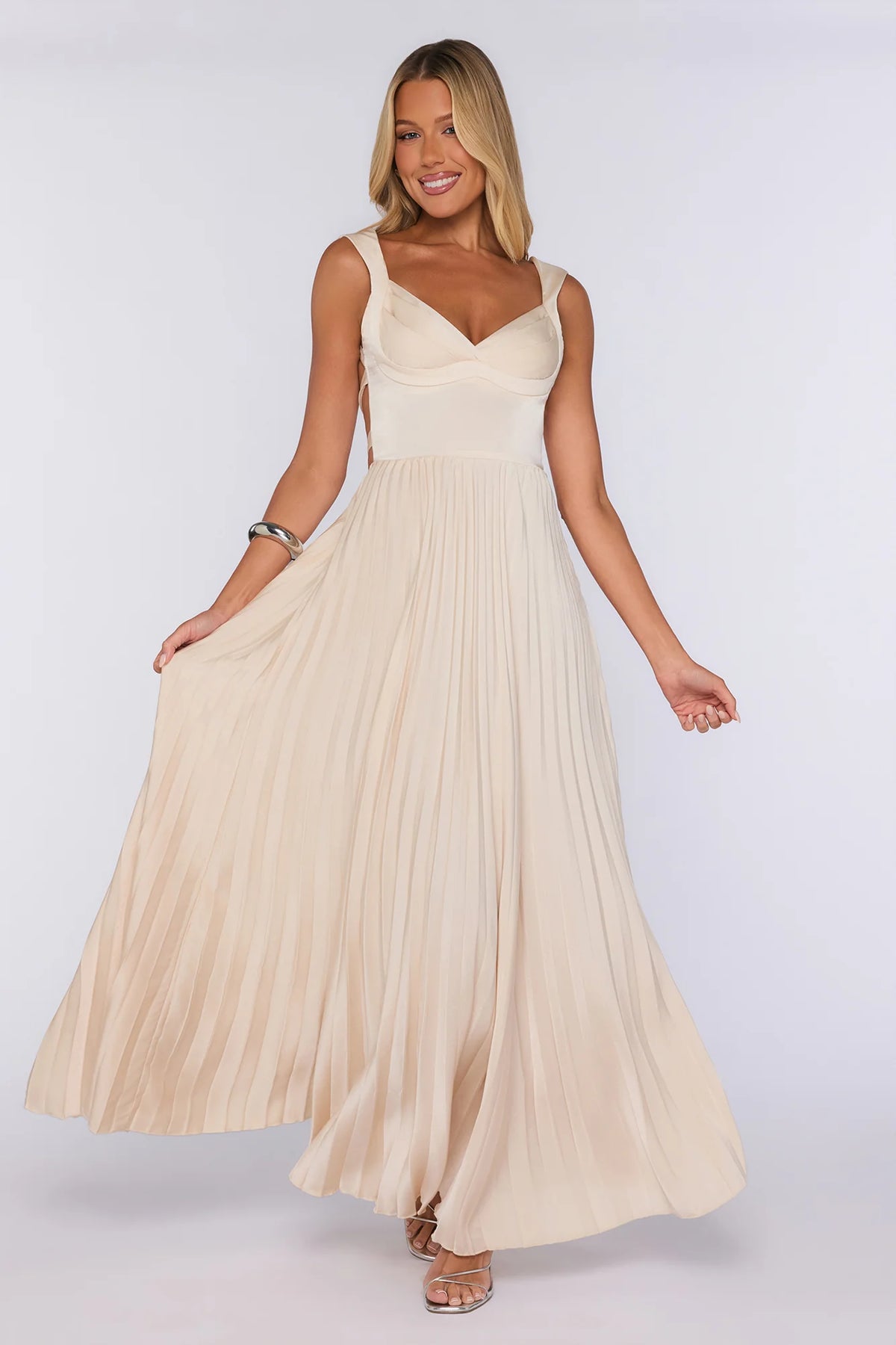 Satin Glow Pleated Maxi Dress Champagne