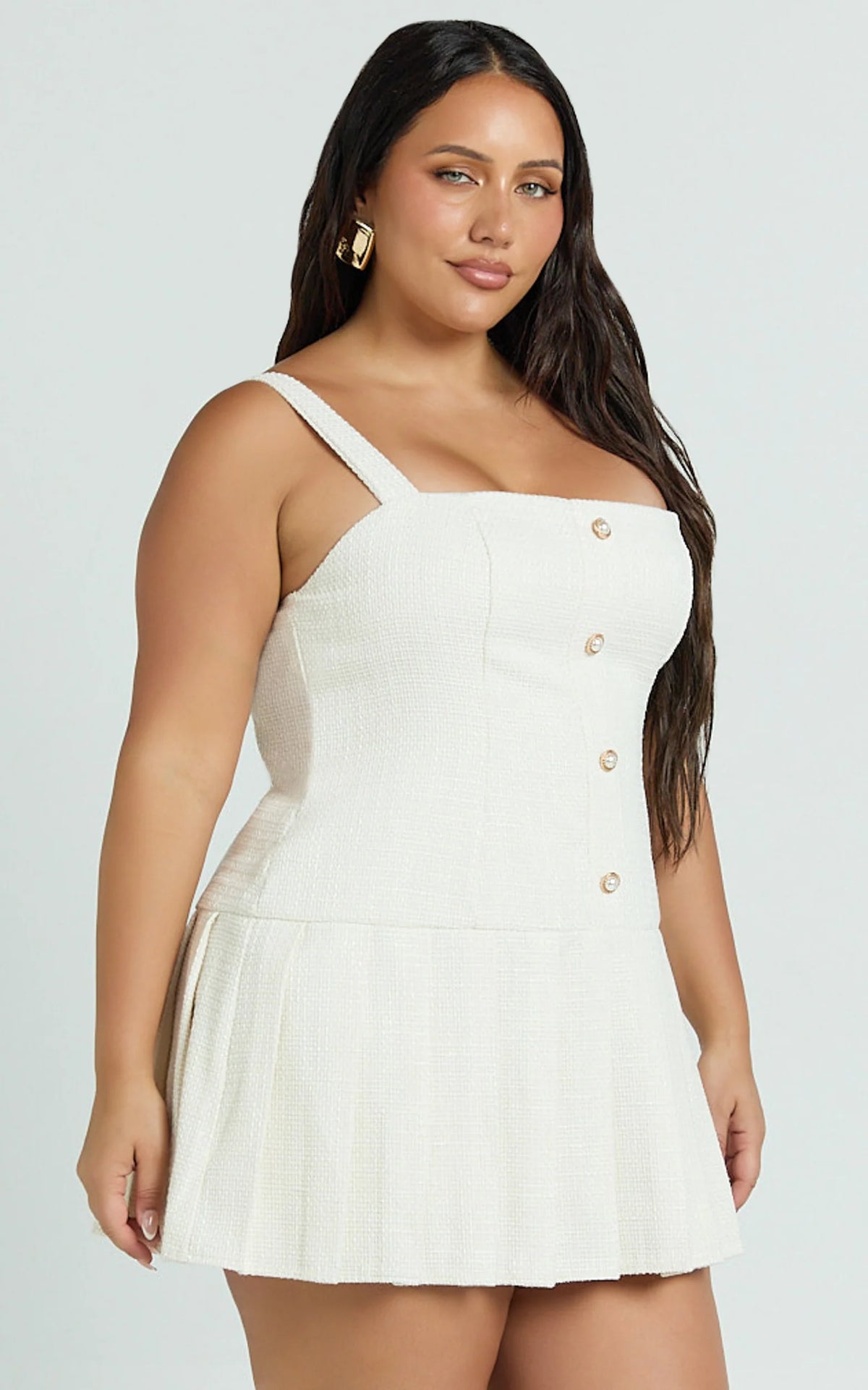 Calissa Mini Dress - Boucle Square Neck Drop Waist Pleated Dress in Cream
