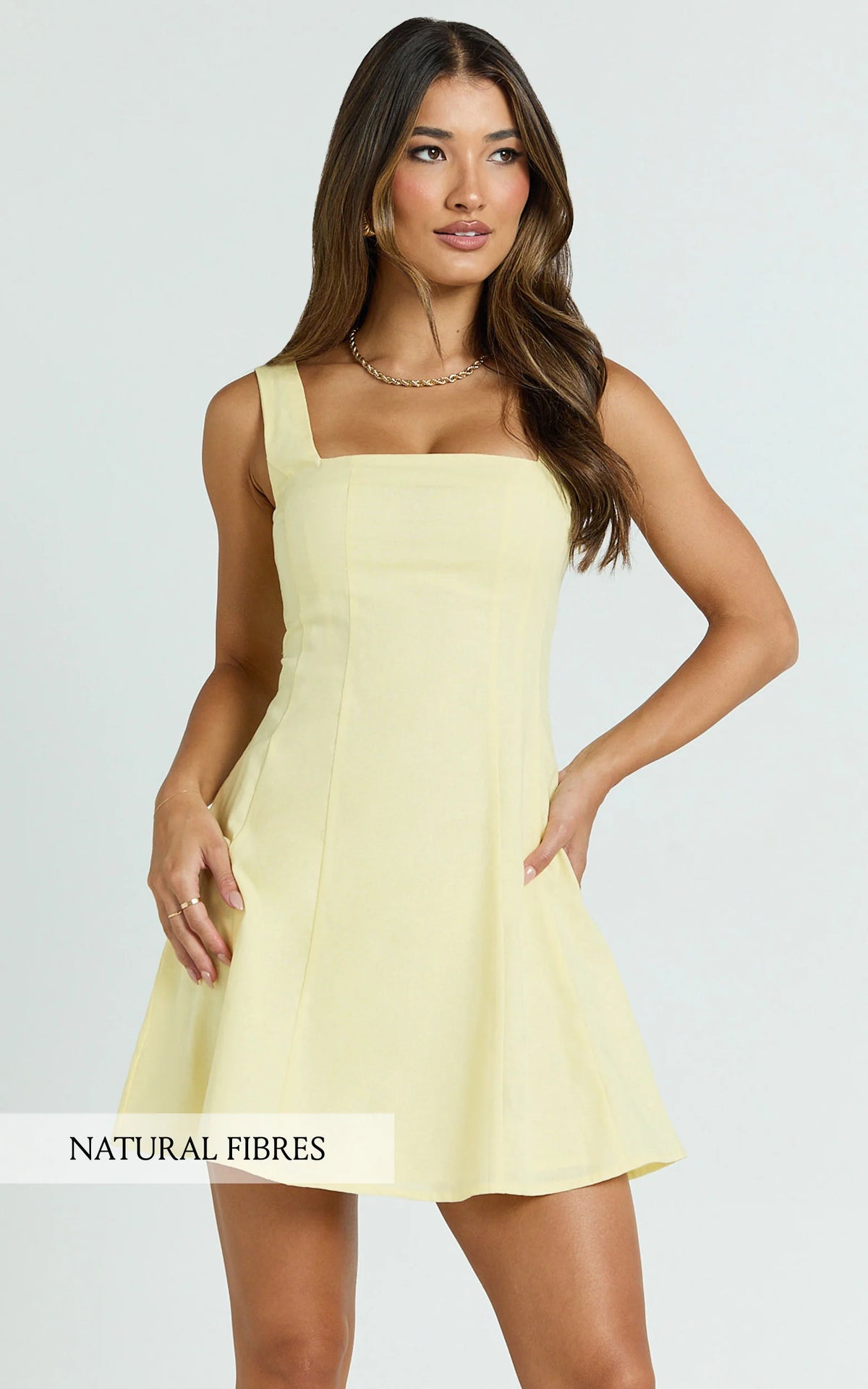 Adiana Mini Dress - Linen Square Neck Shirred Back A Line Dress in Pink