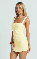 Sienna Mini Dress - Square Neck Floral Embroidered A Line Dress in Lemon