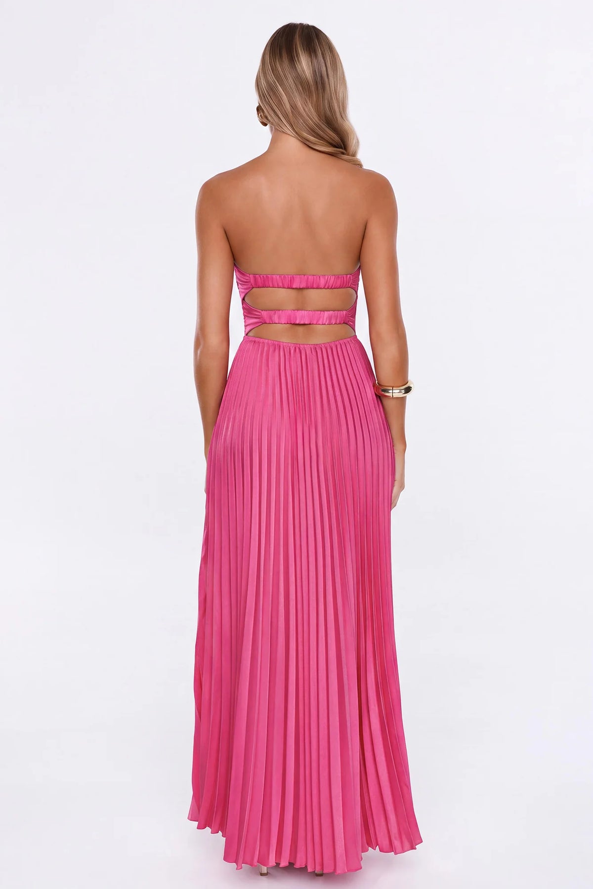 Dress Society Satin Pleated Strapless Maxi Dress Yellow