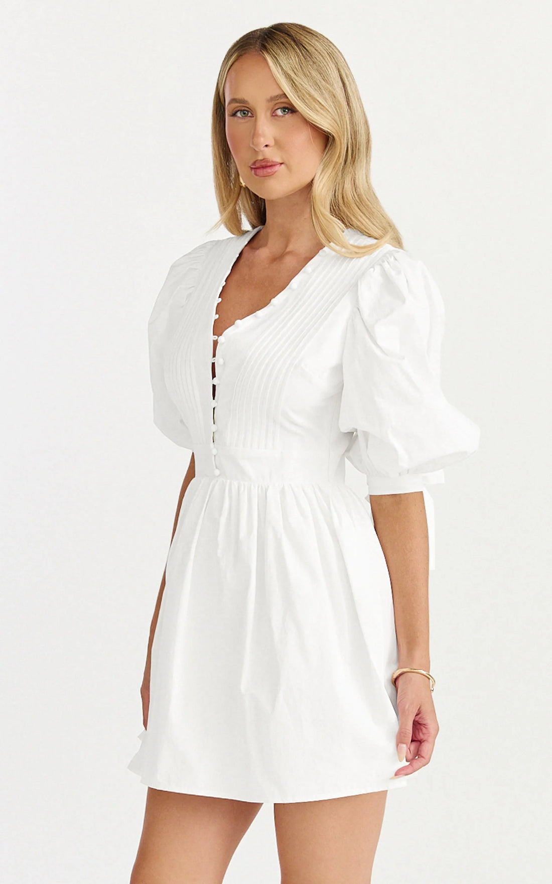 Zandra Mini Dress - Puff Sleeve Poplin Dress in White