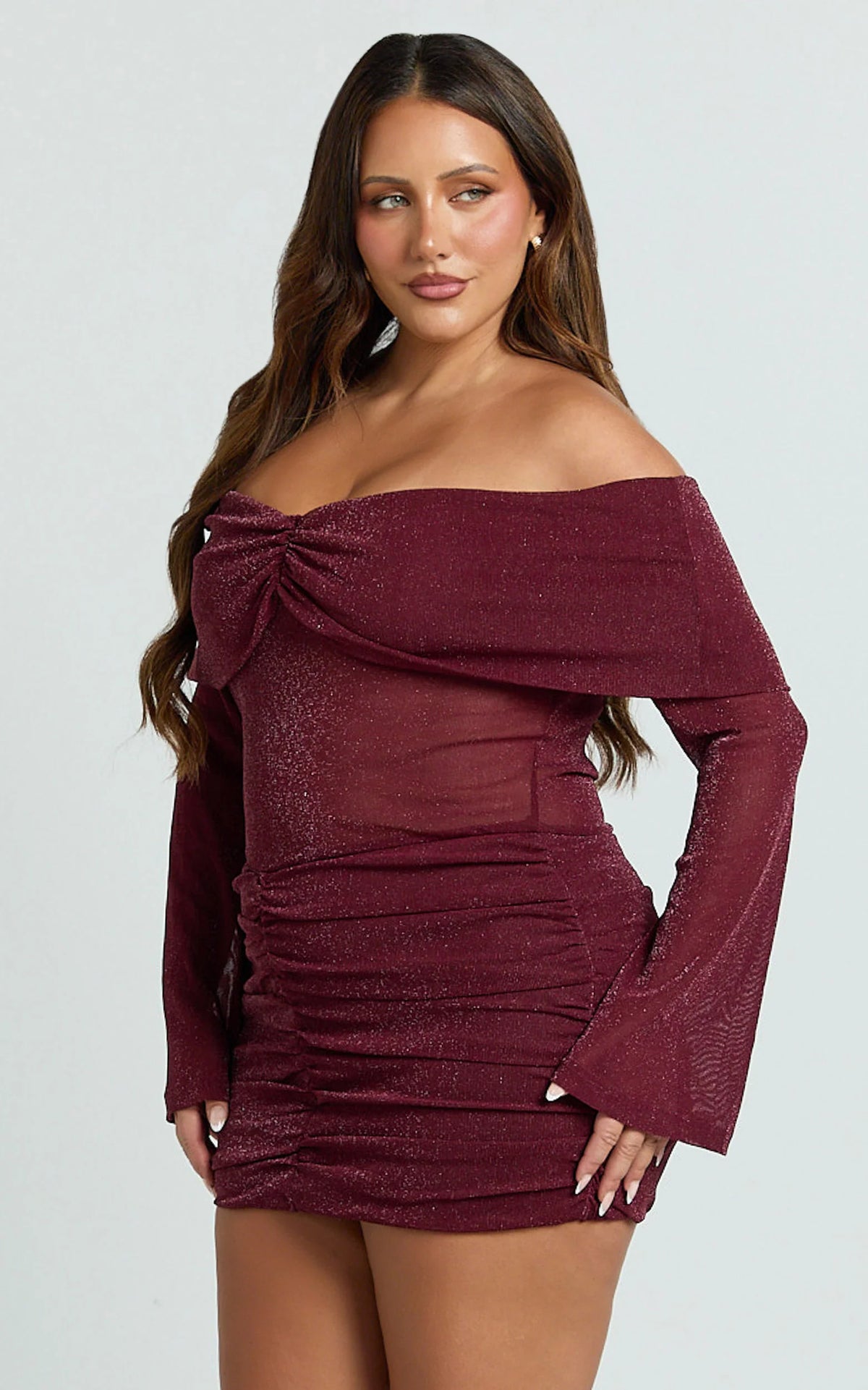 Rumi Mini Dress - Glitter Tulle Off Shoulder Ruched Dress in Black