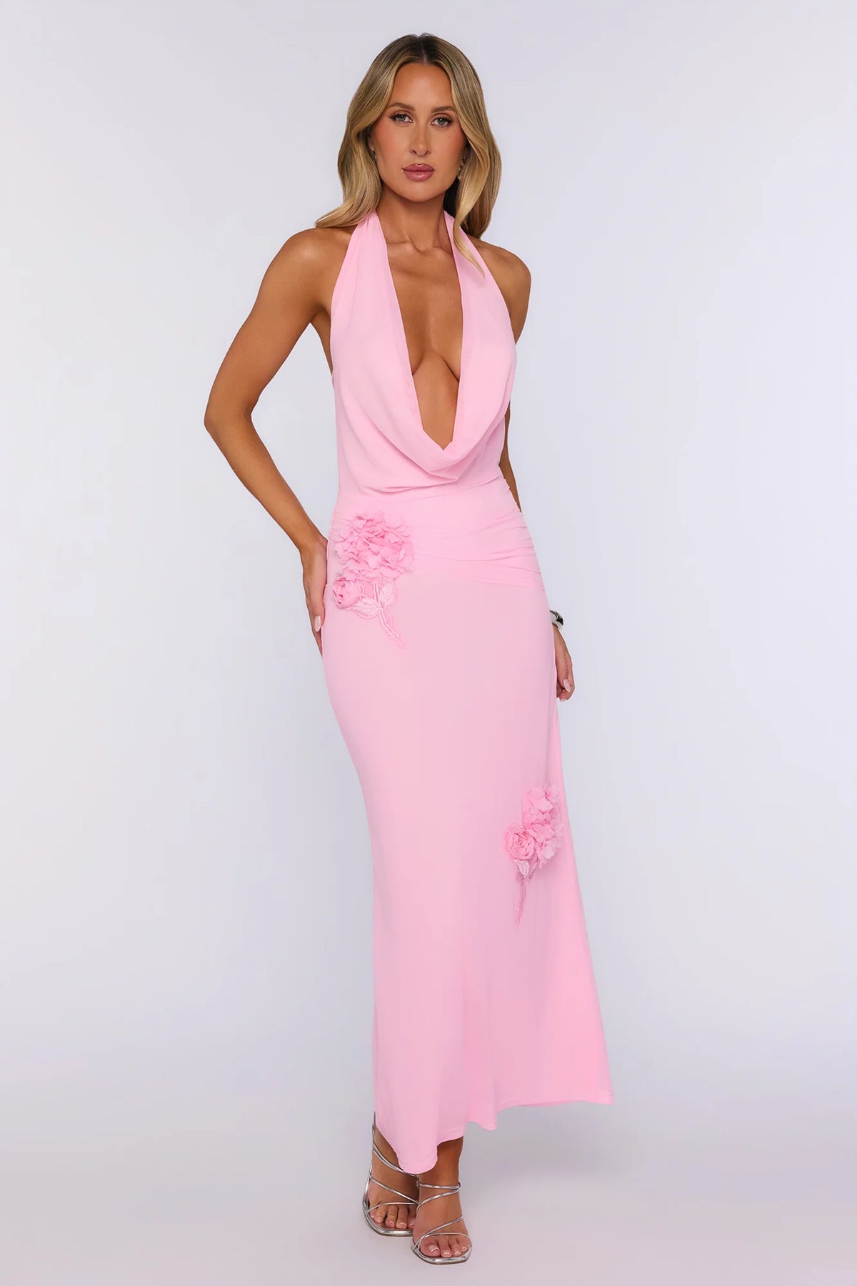 Petal Theory Mesh Halter Maxi Dress Pink