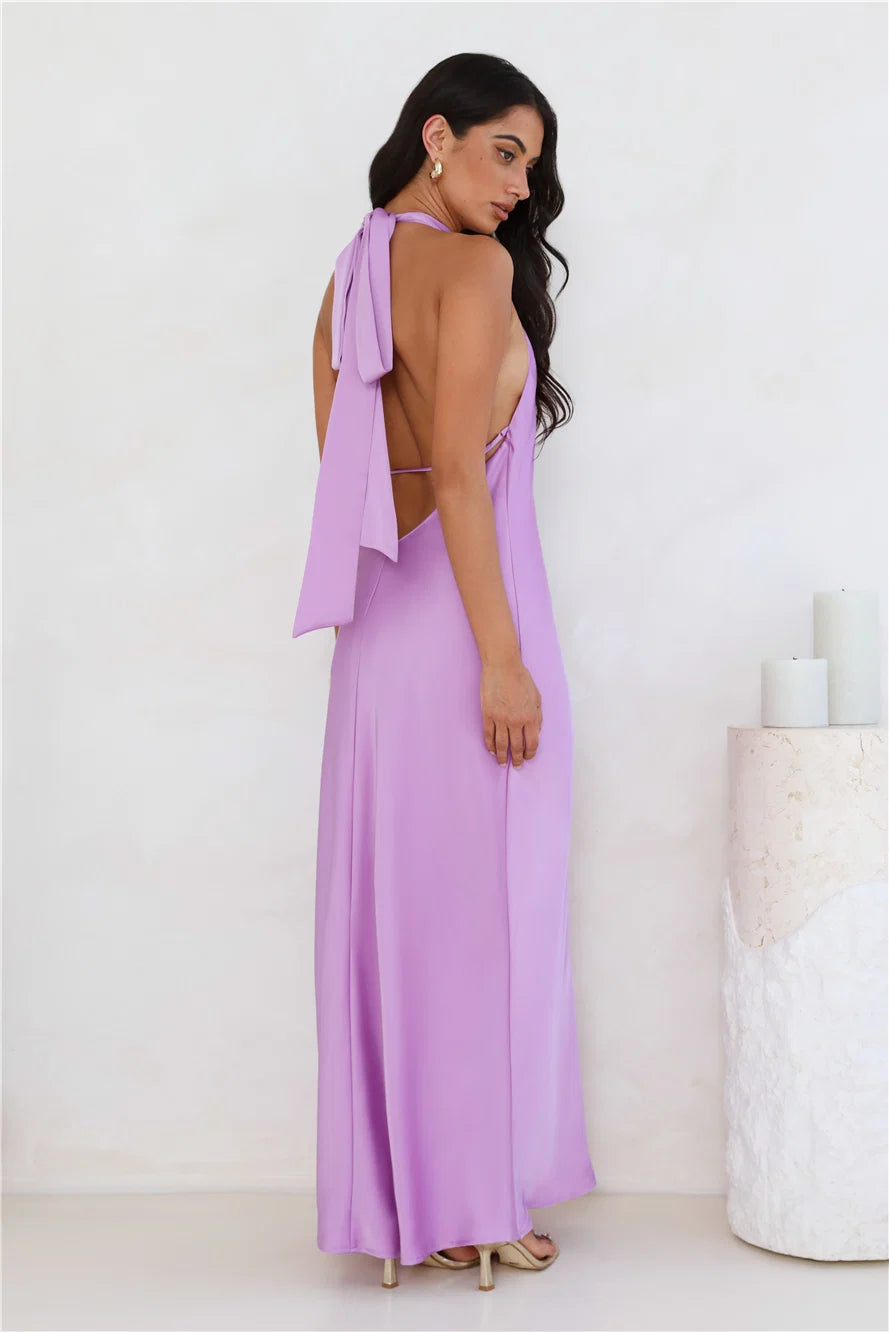 Delicate Dazzle Halter Satin Maxi Dress Peach