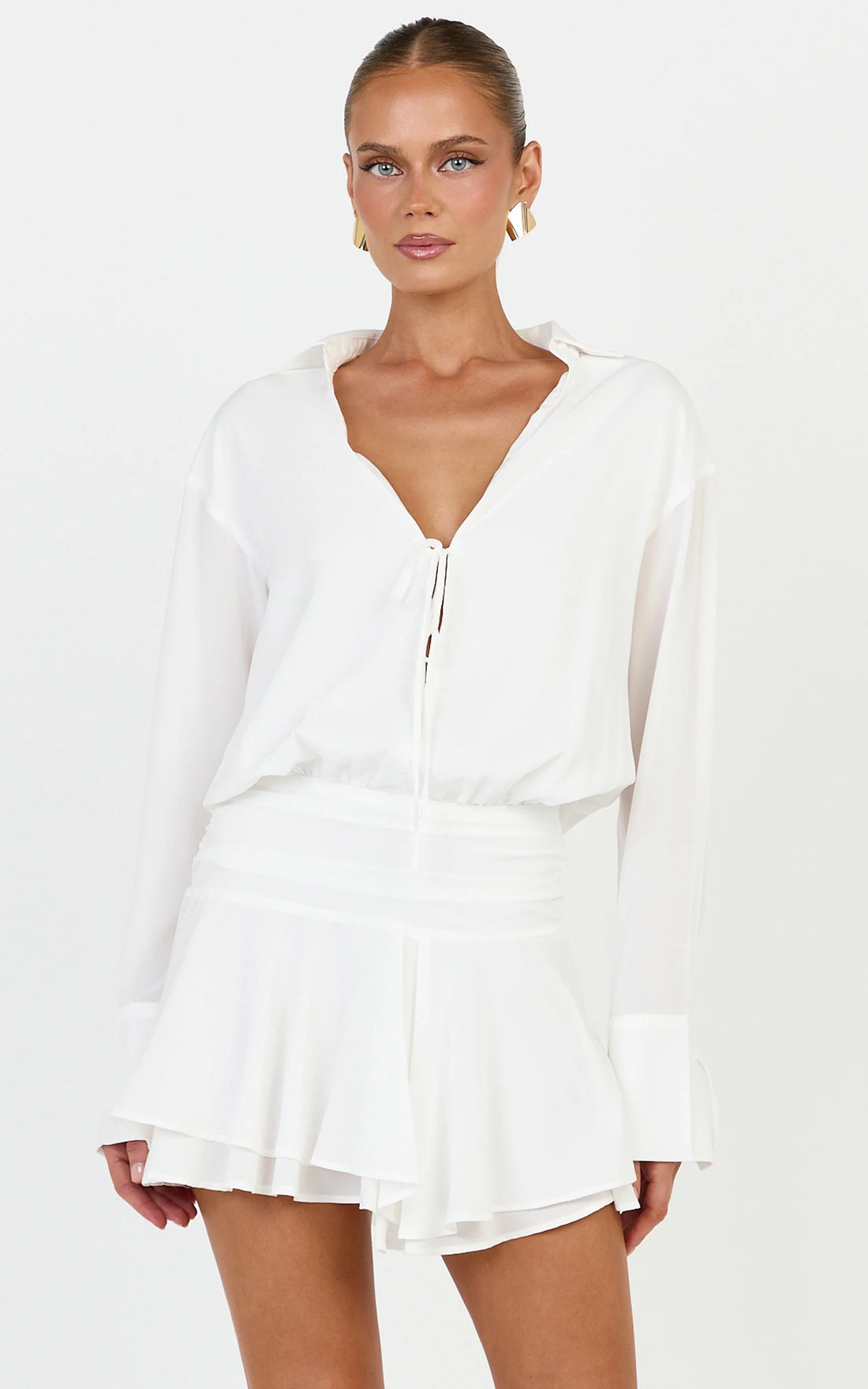 Melanie Mini Dress -  Tie Front Long Sleeve Shirt Dress in Black