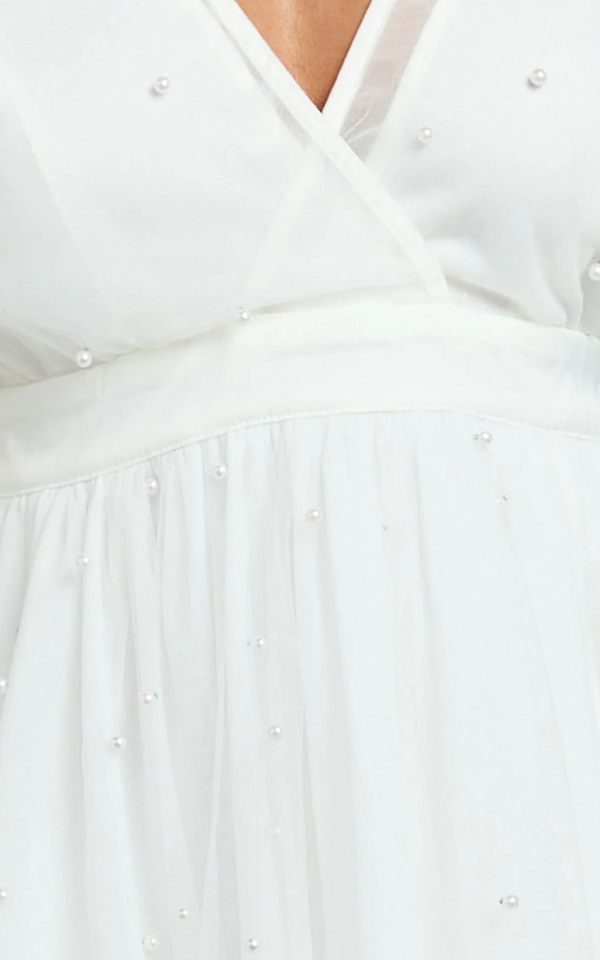 Karalyn Mini Dress - Bow Strap Plunge Pearl Detail Dress in White