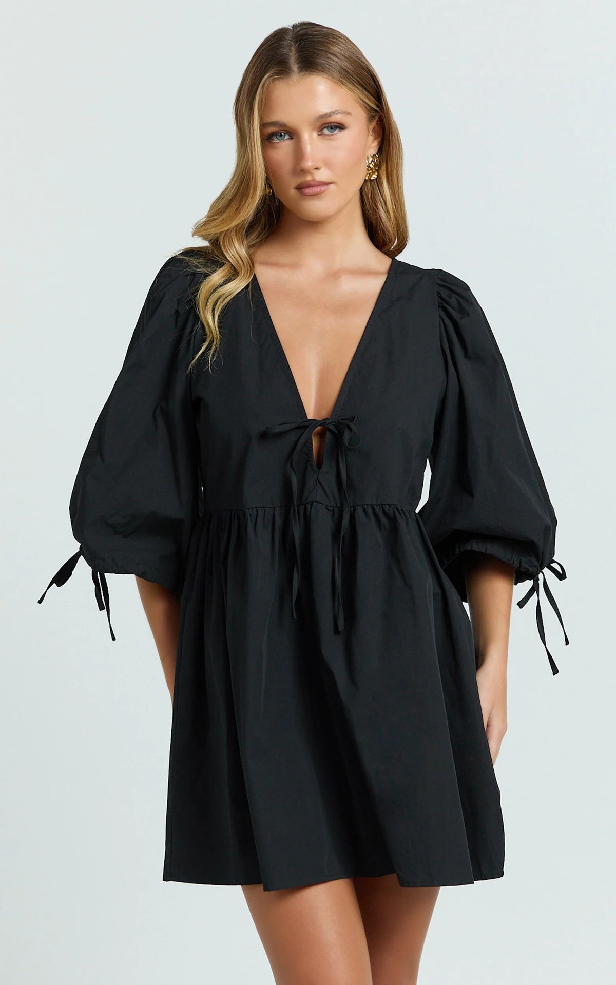 Rosita Mini Dress - Tie Front Puff Sleeve Dress in Black and White Check