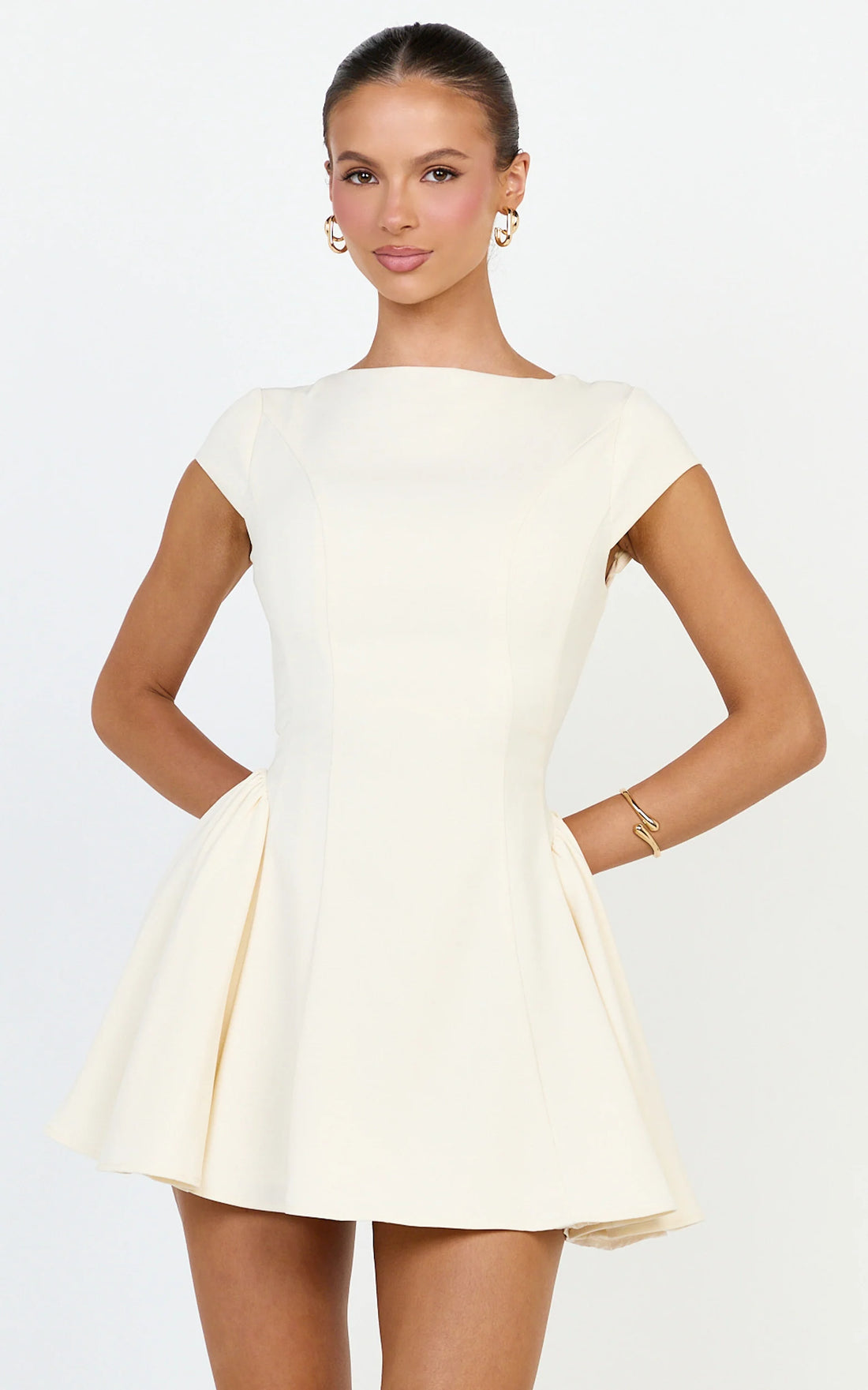 Lorayne Mini Dress - Cap Sleeve Gathered Hip Tie Back Mini Dress in Black