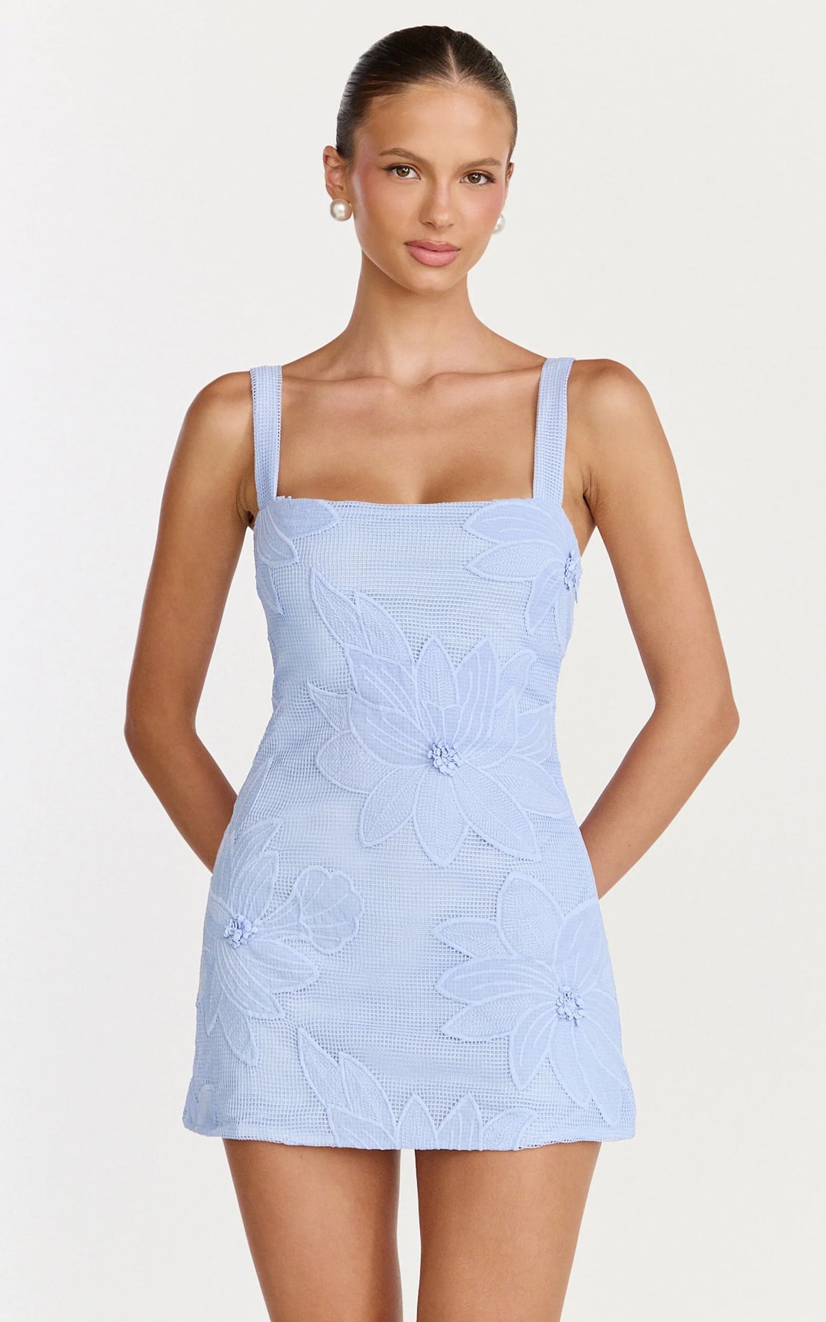 Sienna Mini Dress - Square Neck Floral Embroidered A Line Dress in White