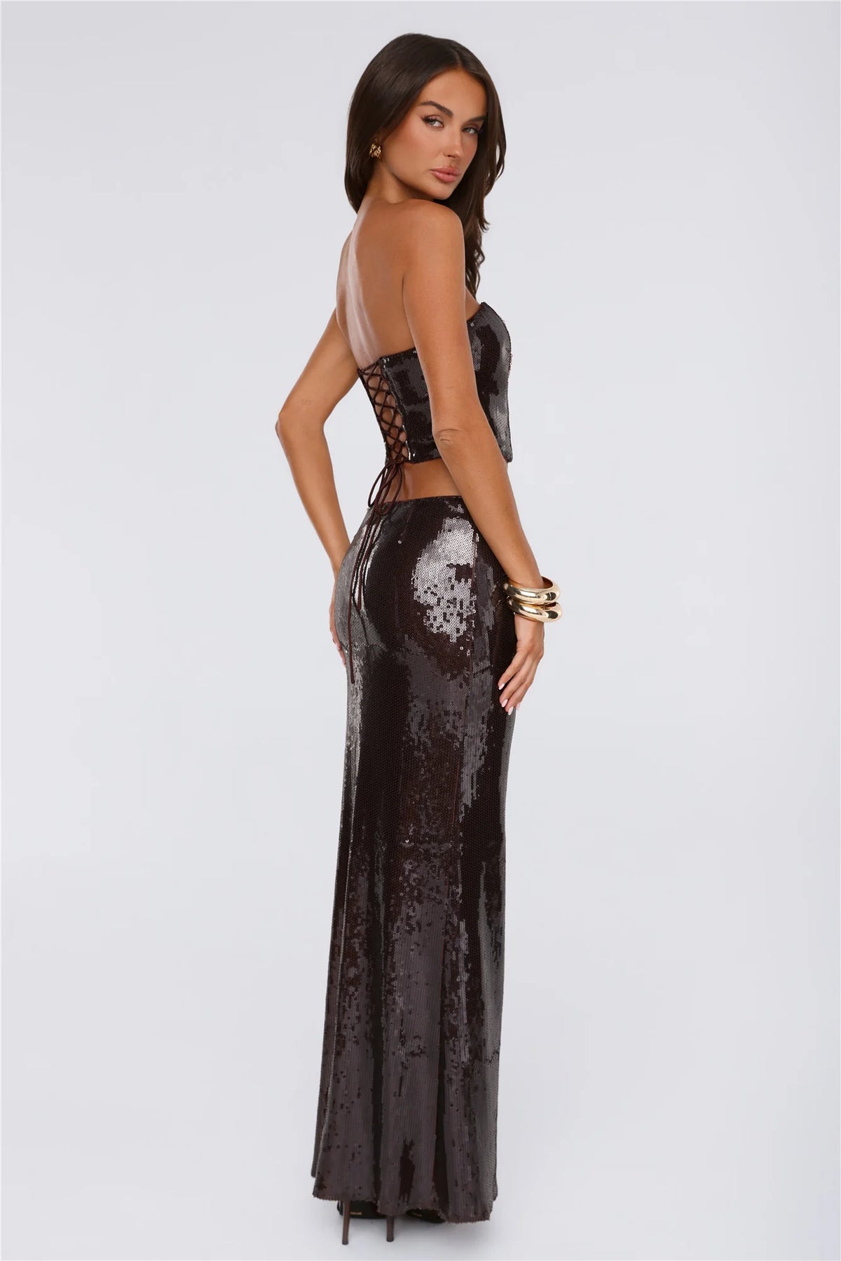 Shine Into Chic Sequin Maxi Skirt Chocolate