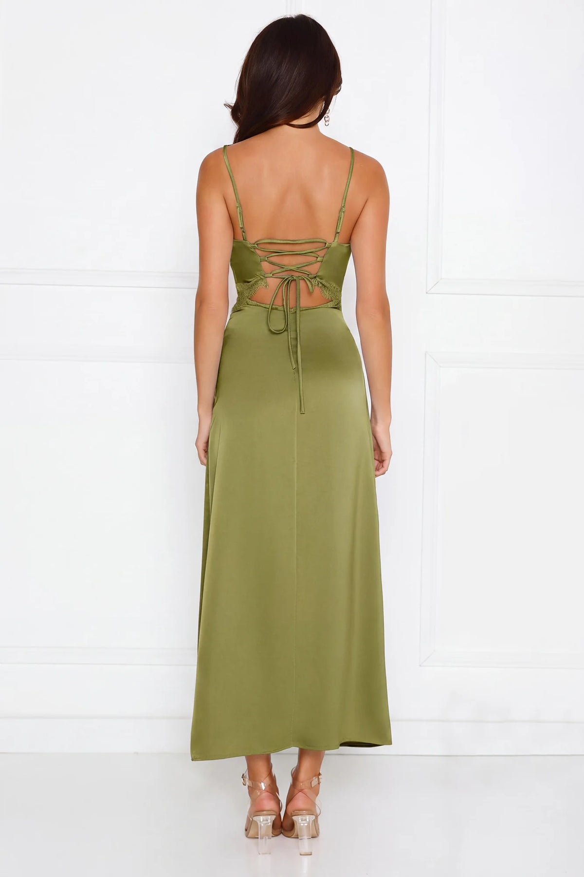 Soft Affection Satin Lace Maxi Dress Sage