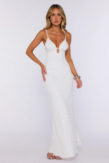 Sunset Plans Knit Sequin Maxi Dress White