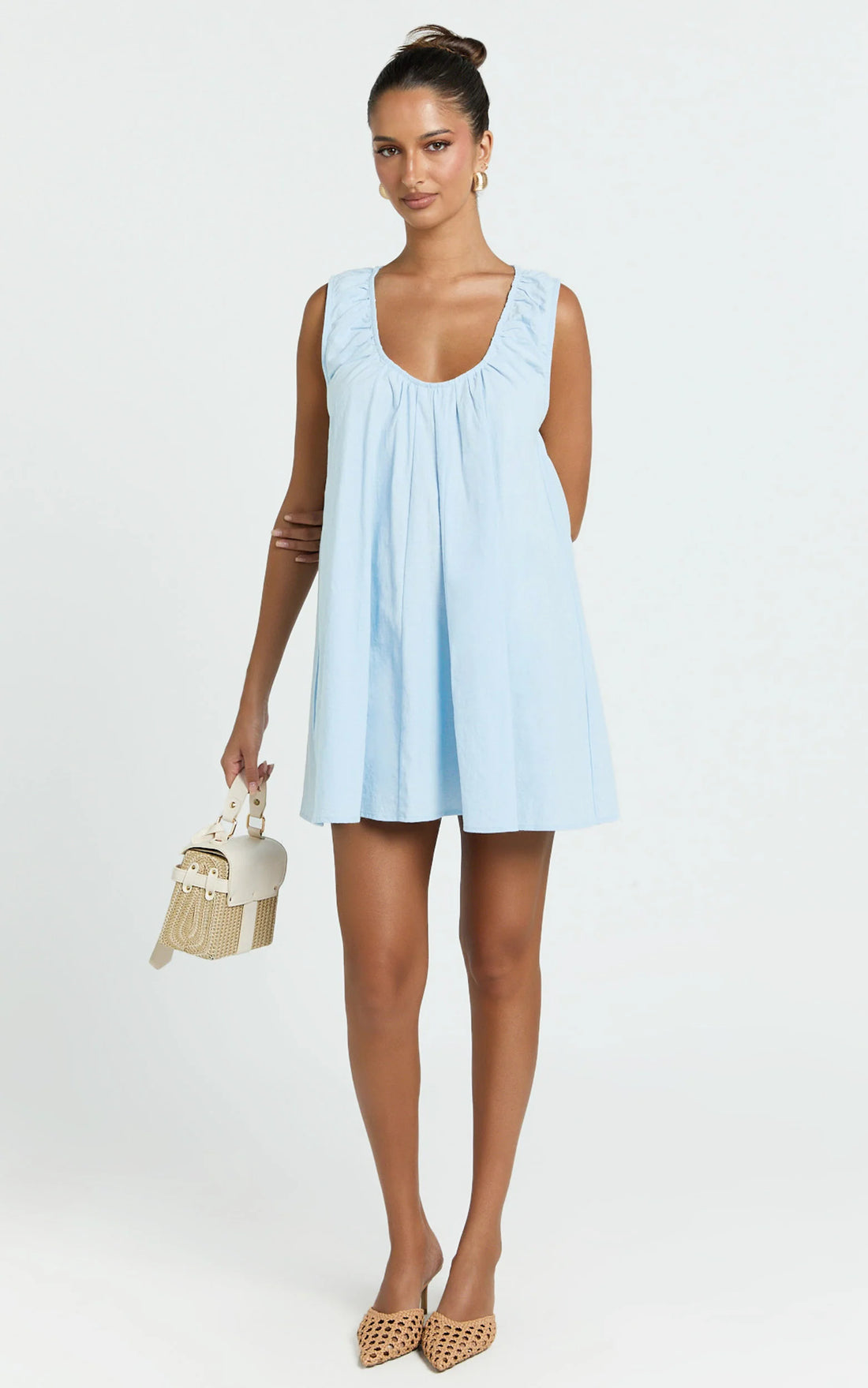 Lucinda Mini Dress - Deep U Gathered Neck Smock Dress in Pale Blue