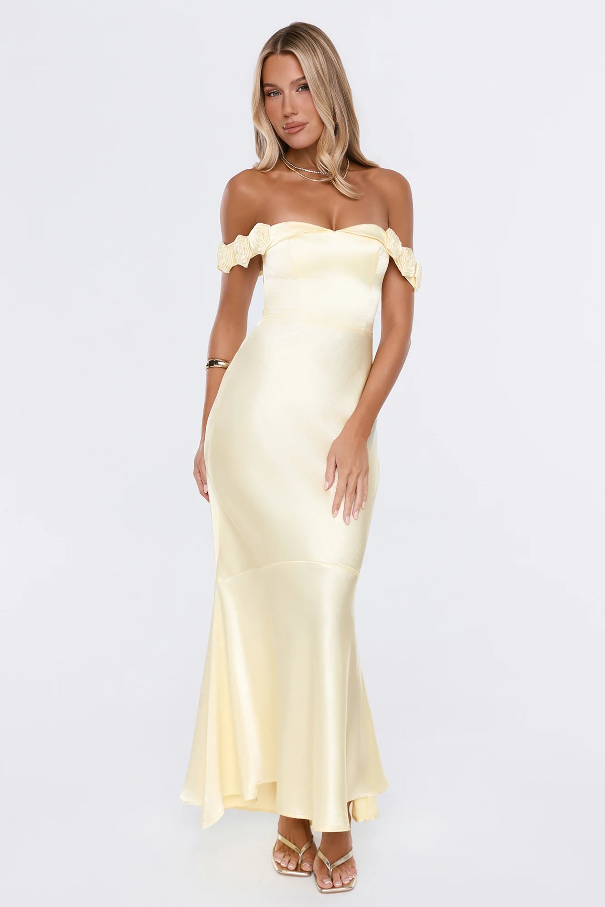 Falling Soft Satin Off Shoulder Maxi Dress Yellow