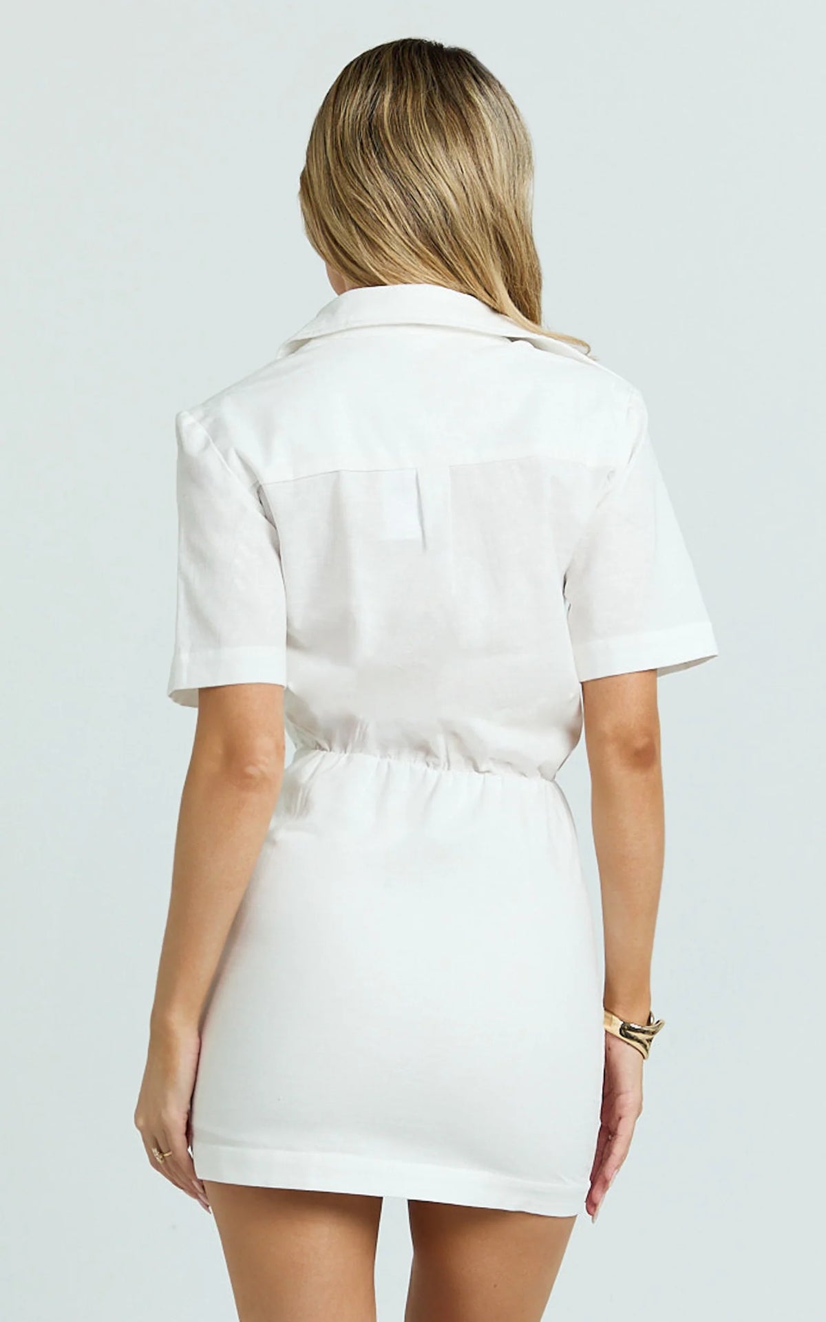 Muriel Mini Dress - Blouson Linen Blend Shirt Dress in Off White